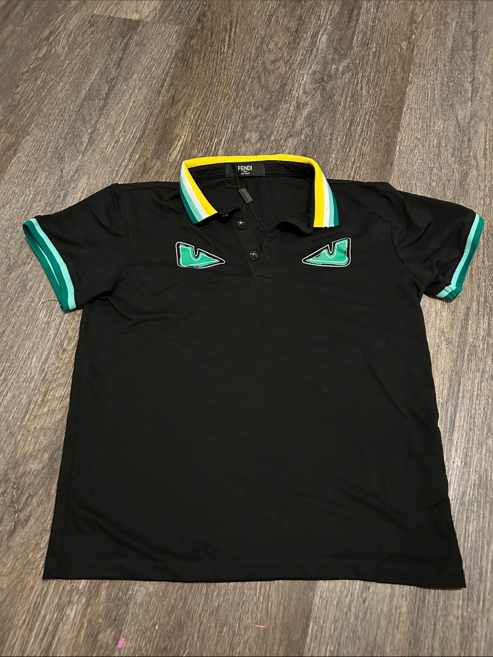Fendi Black Polo with Green Eye Appliqués and Yellow-Trim Collar